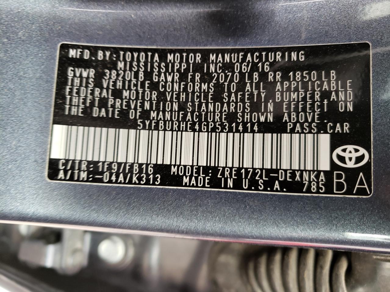 Photo 10 from auction – 2016 TOYOTA COROLLA L with VIN 5YFBURHE4GP531414