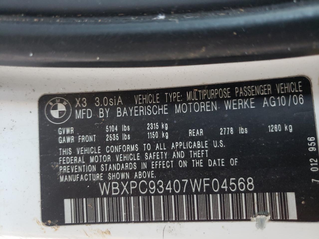 Photo 10 from auction – 2007 BMW X3 3.0SI with VIN WBXPC93407WF04568