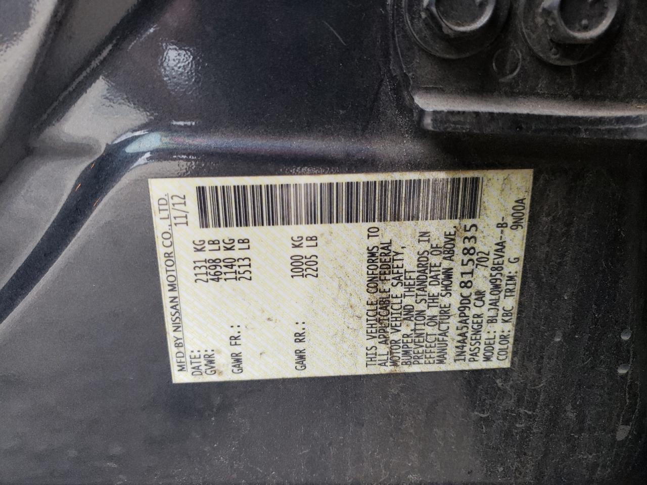 Photo 10 from auction – 2013 NISSAN MAXIMA with VIN 1N4AA5AP9DC815835