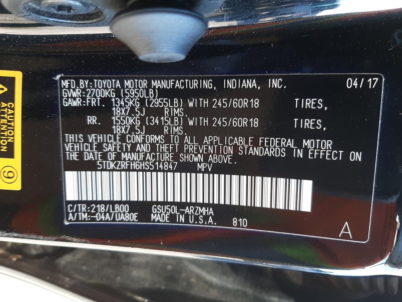 Photo 10 from auction – 2017 TOYOTA HIGHLANDER with VIN 5TDKZRFH6HS514847