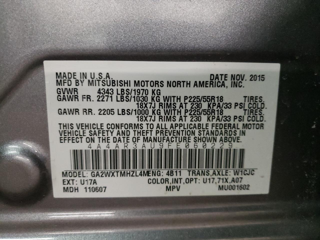 Photo 10 from auction – 2015 MITSUBISHI OUTLANDER with VIN 4A4AR3AU9FE060229