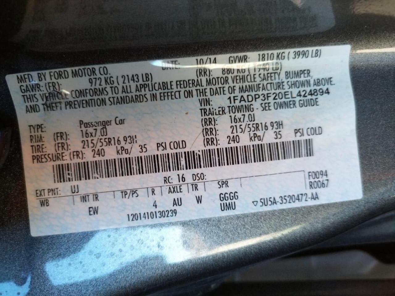 Photo 10 from auction – 2014 FORD FOCUS SE with VIN 1FADP3F20EL424894