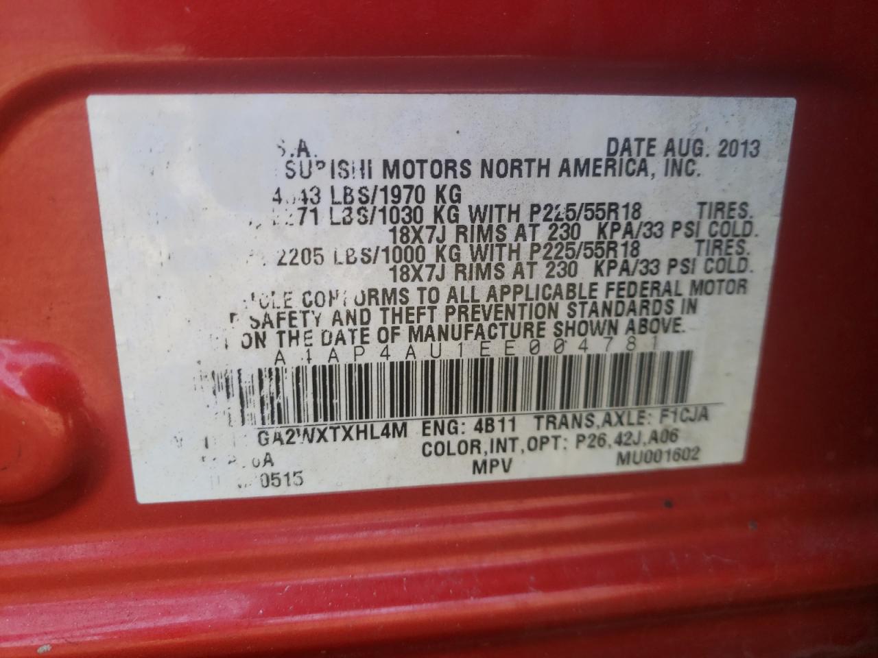 Photo 10 from auction – 2014 MITSUBISHI OUTLANDER with VIN 4A4AP4AU1EE004781
