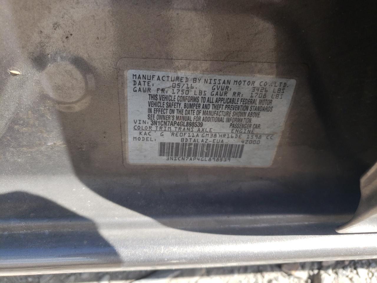 Photo 10 from auction – 2016 NISSAN VERSA S with VIN 3N1CN7AP4GL898539