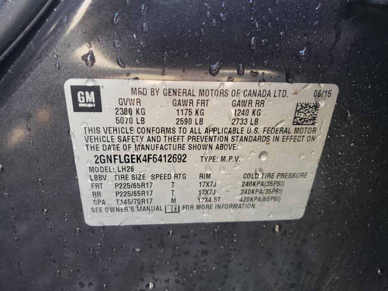 Photo 10 from auction – 2015 CHEVROLET EQUINOX LT with VIN 2GNFLGEK4F6412692