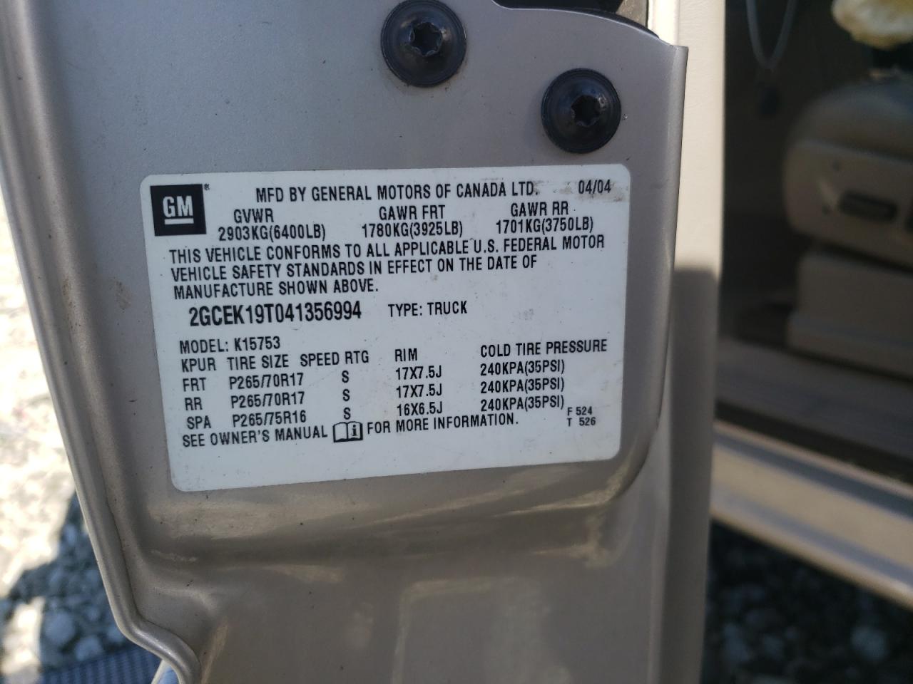 Photo 10 from auction – 2004 CHEVROLET SILVERADO with VIN 2GCEK19T041356994