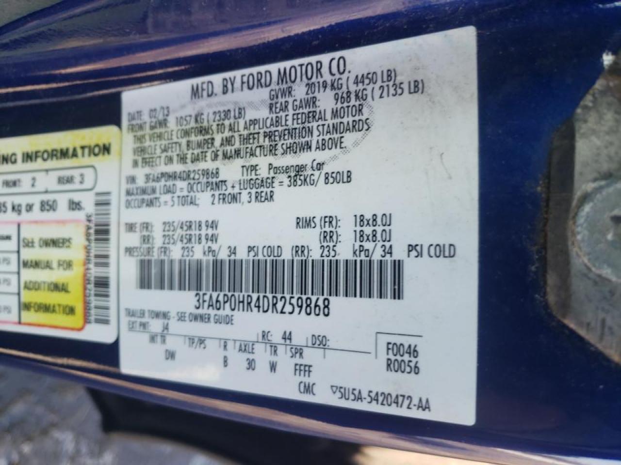 Photo 10 from auction – 2013 FORD FUSION SE with VIN 3FA6P0HR4DR259868