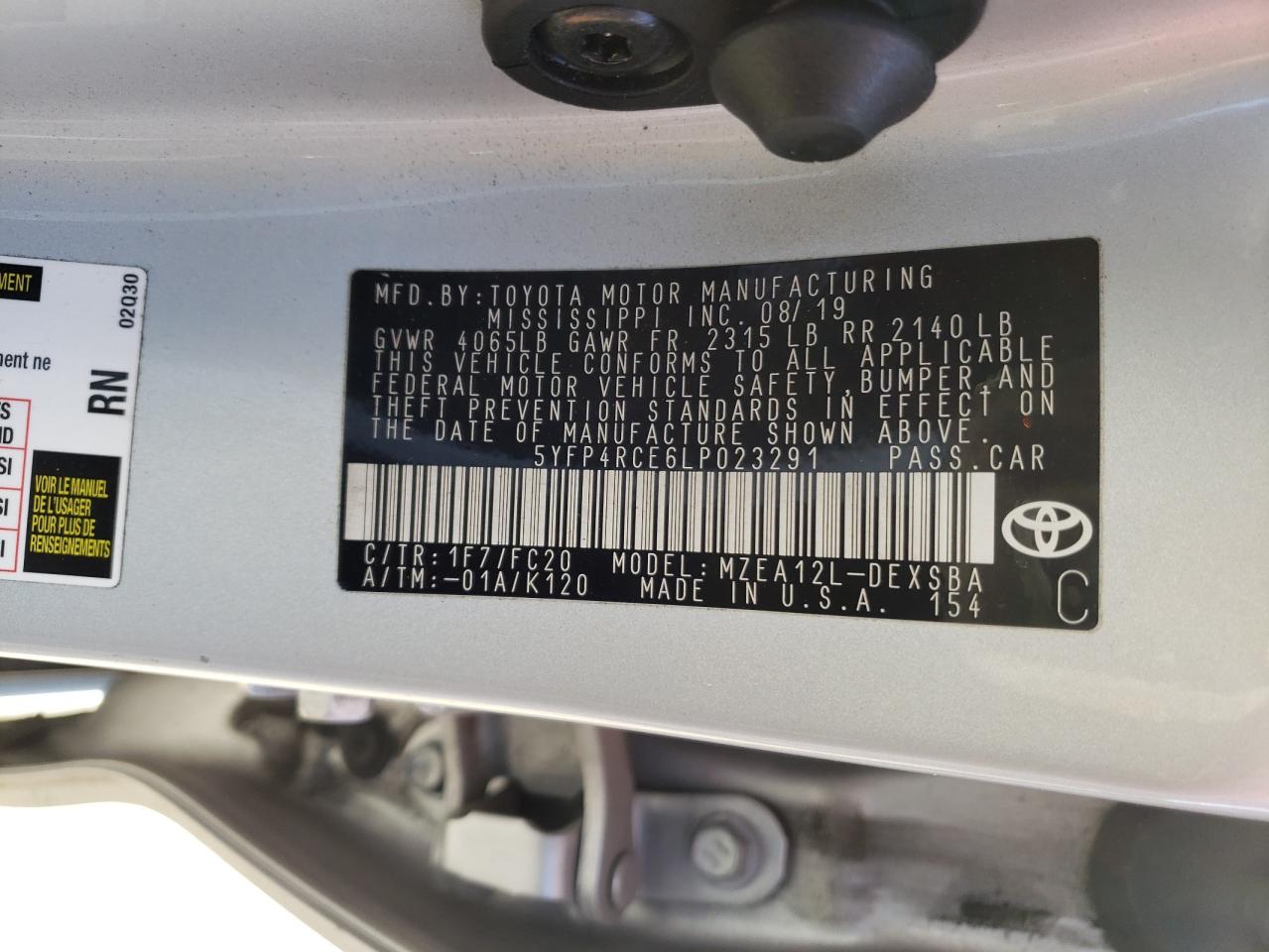 Photo 10 from auction – 2020 TOYOTA COROLLA SE with VIN 5YFP4RCE6LP023291