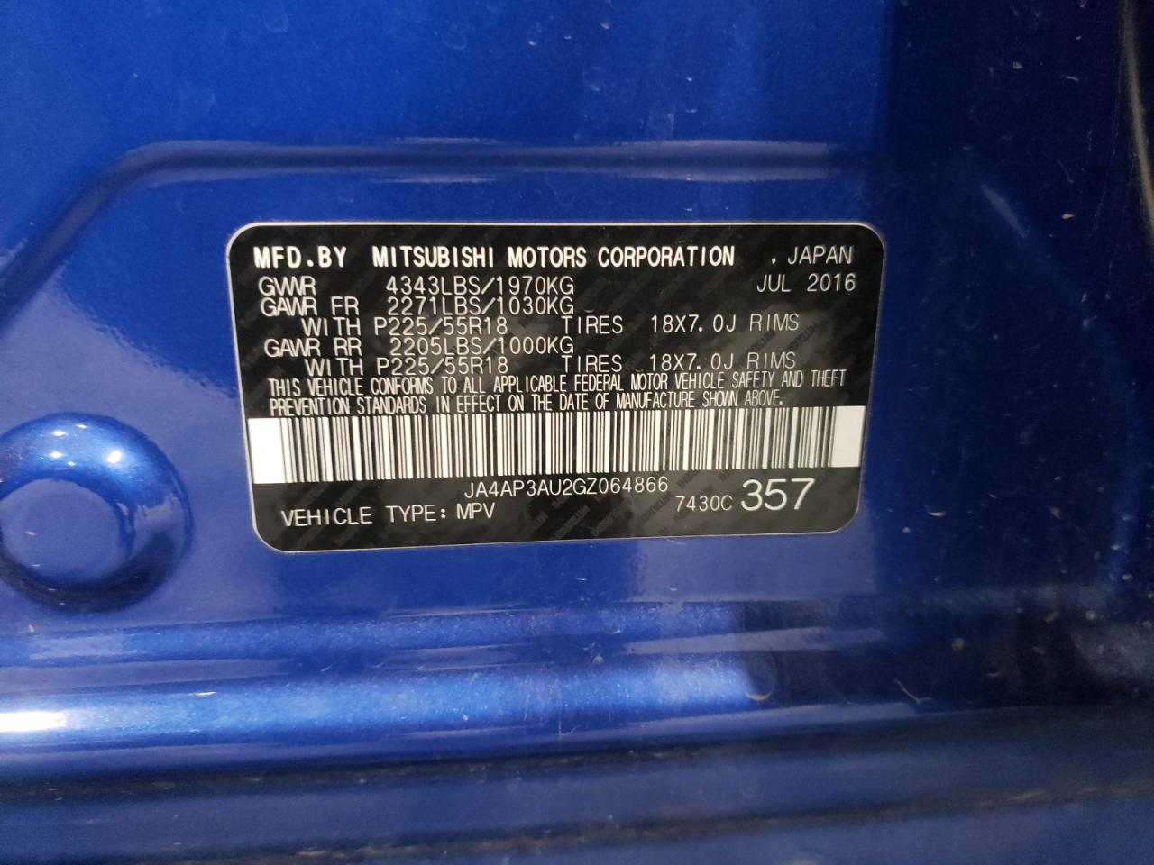 Photo 10 from auction – 2016 MITSUBISHI OUTLANDER with VIN JA4AP3AU2GZ064866