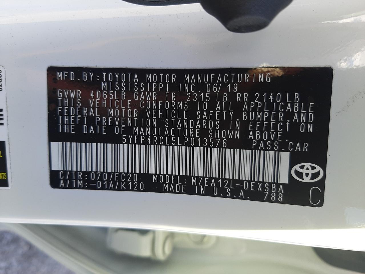 Photo 10 from auction – 2020 TOYOTA COROLLA SE with VIN 5YFP4RCE5LP013576
