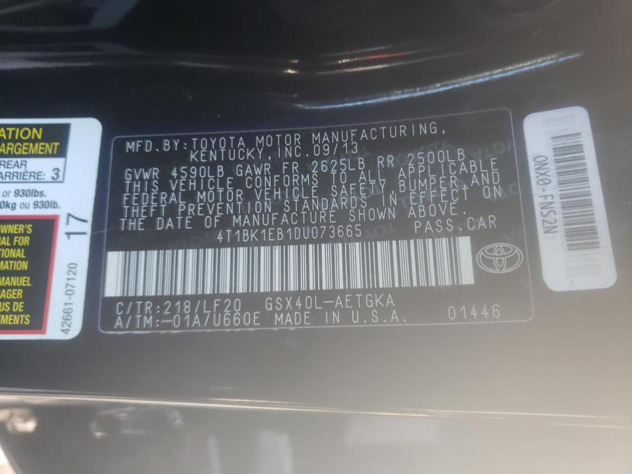 Photo 10 from auction – 2013 TOYOTA AVALON BAS with VIN 4T1BK1EB1DU073665