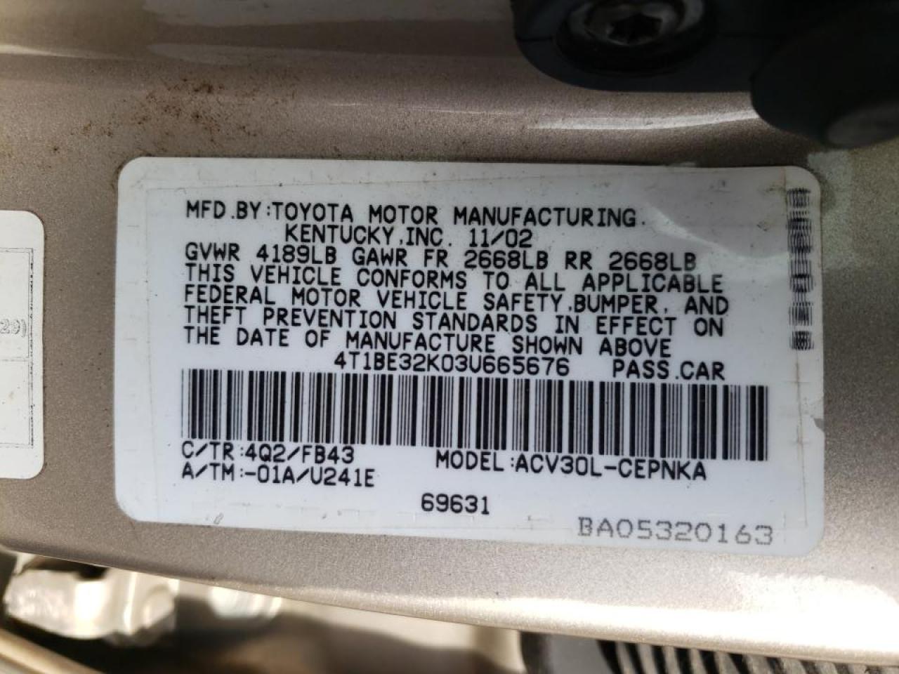Photo 10 from auction – 2003 TOYOTA CAMRY LE with VIN 4T1BE32K03U665676