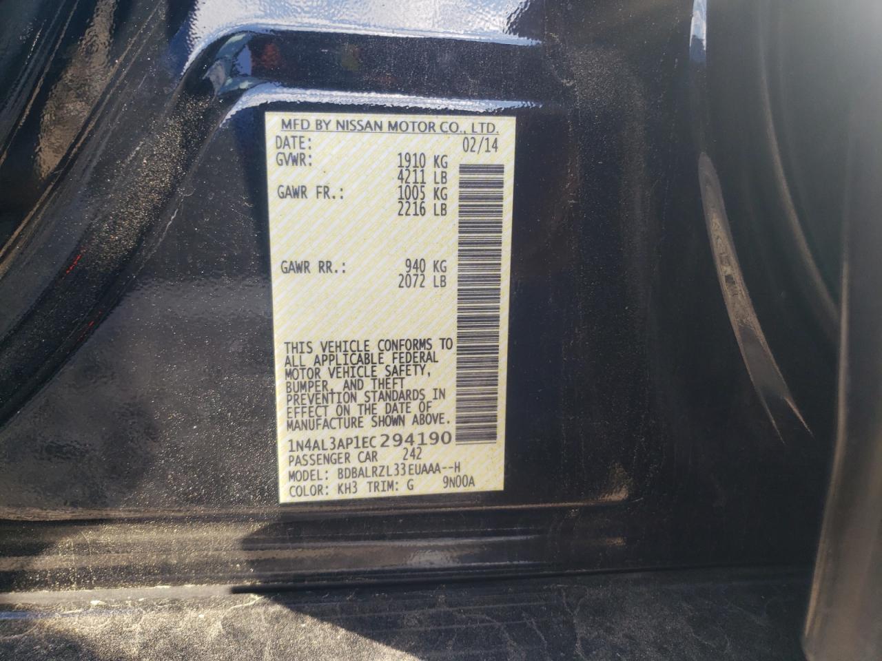 Photo 10 from auction – 2014 NISSAN ALTIMA 2.5 with VIN 1N4AL3AP1EC294190