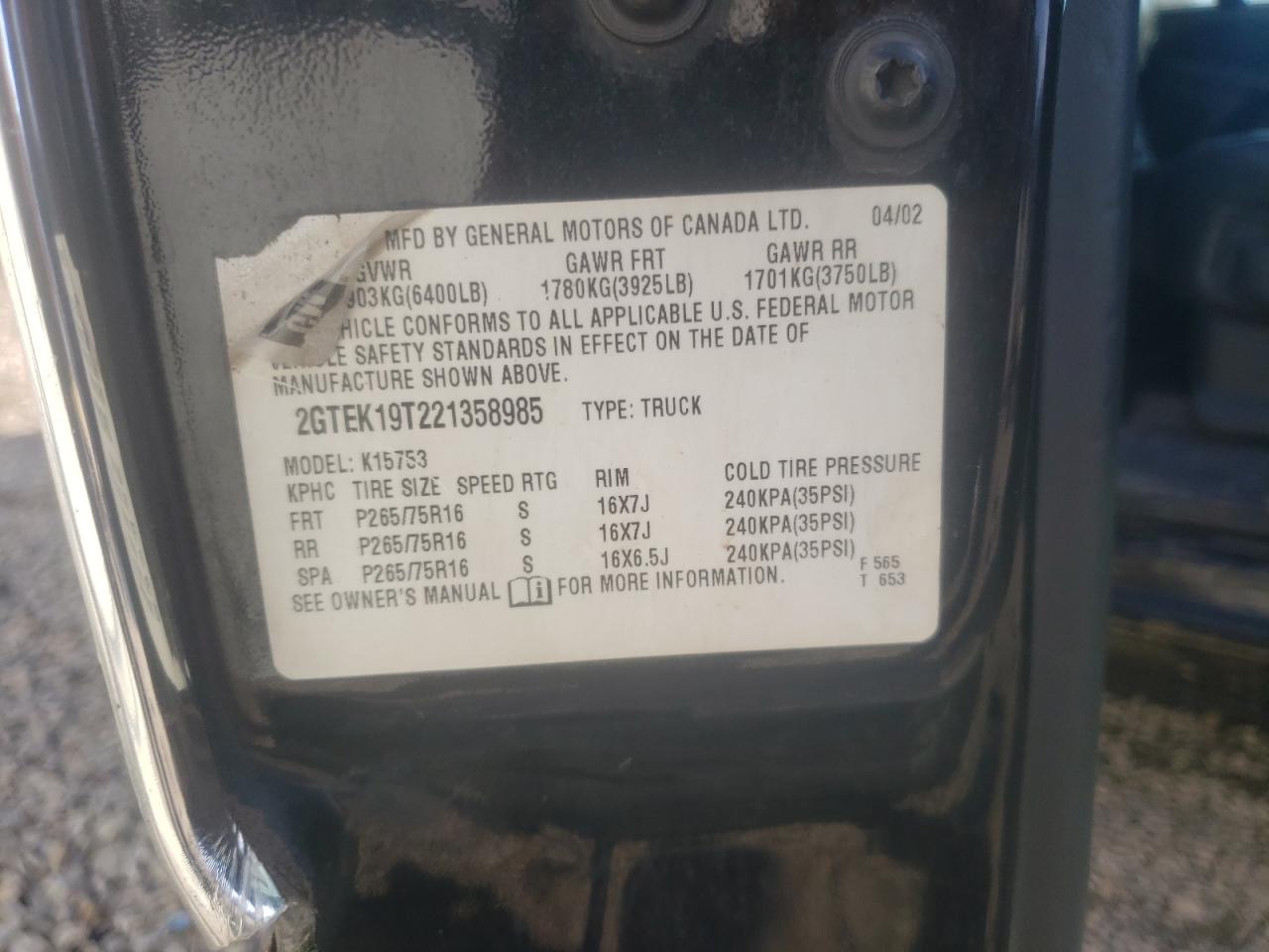 Photo 10 from auction – 2002 GMC NEW SIERRA with VIN 2GTEK19T221358985