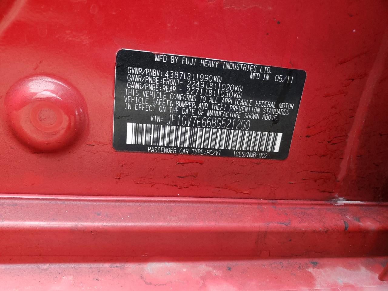 Photo 10 from auction – 2011 SUBARU IMPREZA WR with VIN JF1GV7E66BG521200