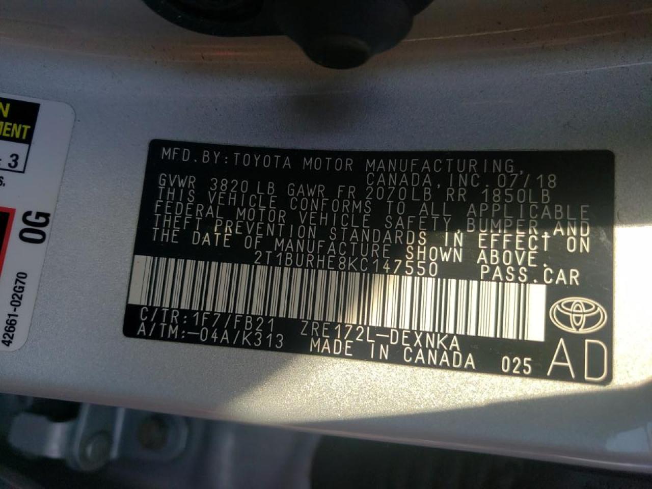 Photo 10 from auction – 2019 TOYOTA COROLLA L with VIN 2T1BURHE8KC147550