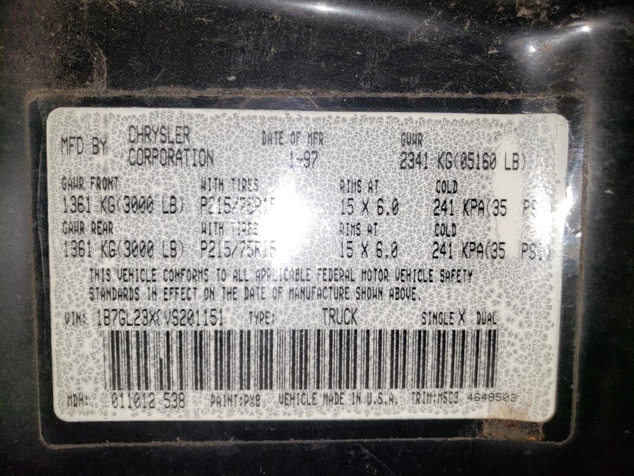 Photo 10 from auction – 1997 DODGE DAKOTA with VIN 1B7GL23X8VS201151
