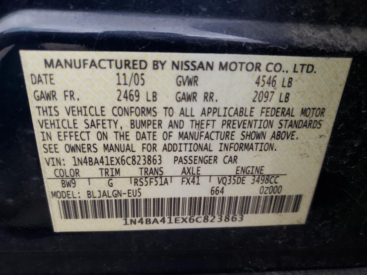 Photo 10 from auction – 2006 NISSAN MAXIMA SE with VIN 1N4BA41EX6C823863