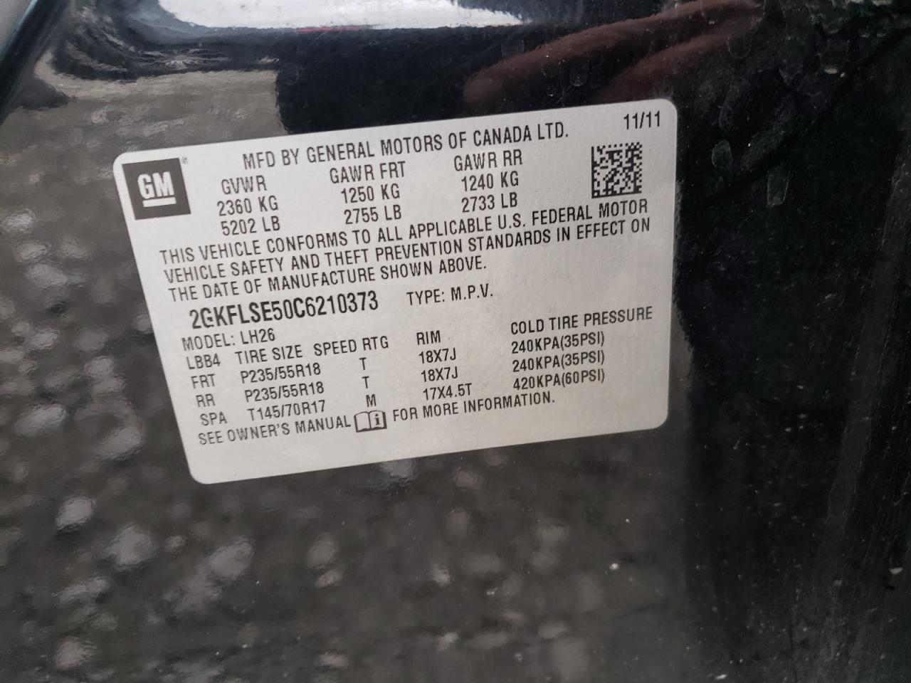 Photo 10 from auction – 2012 GMC TERRAIN SL with VIN 2GKFLSE50C6210373