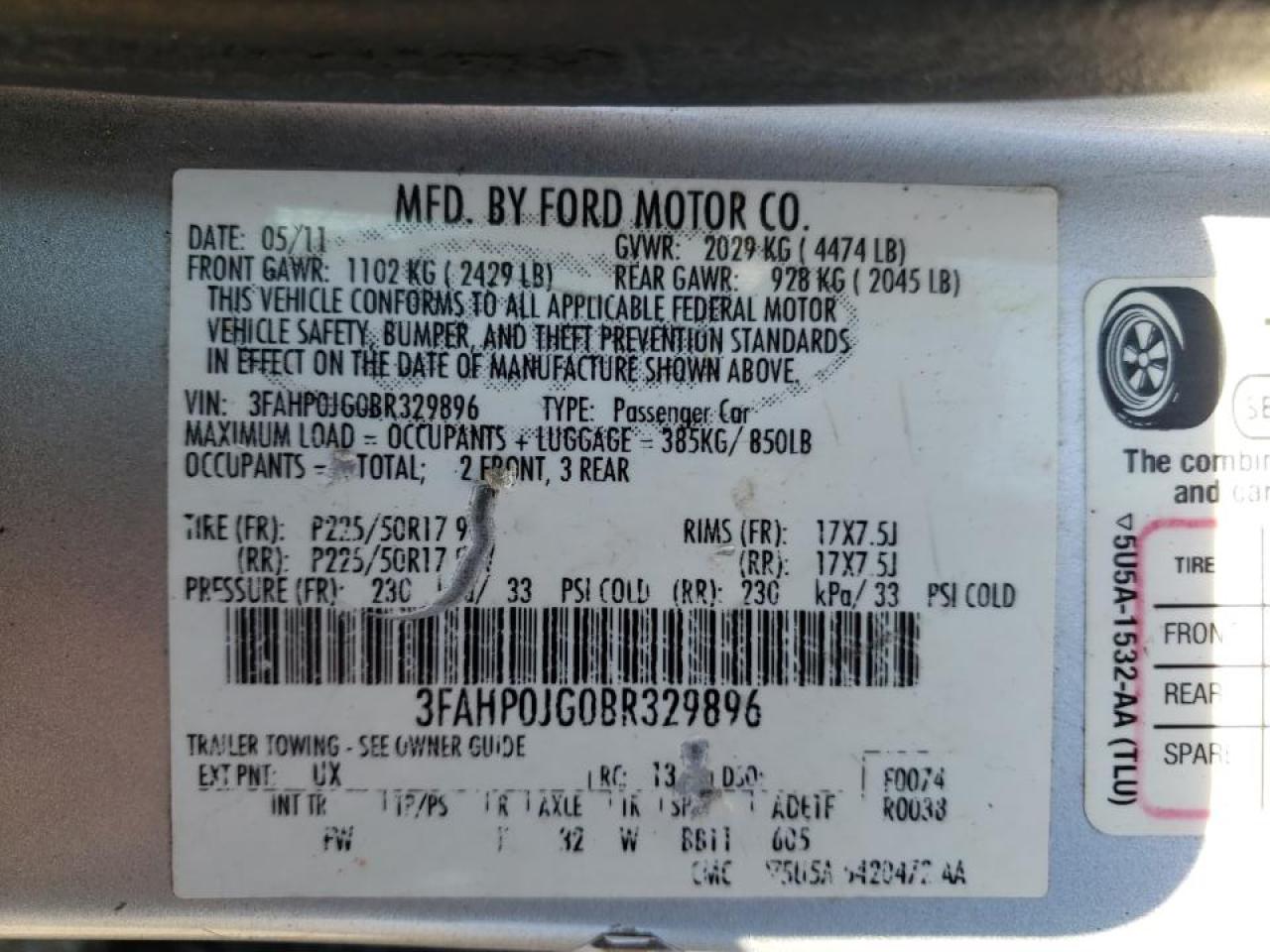 Photo 10 from auction – 2011 FORD FUSION SEL with VIN 3FAHP0JG0BR329896
