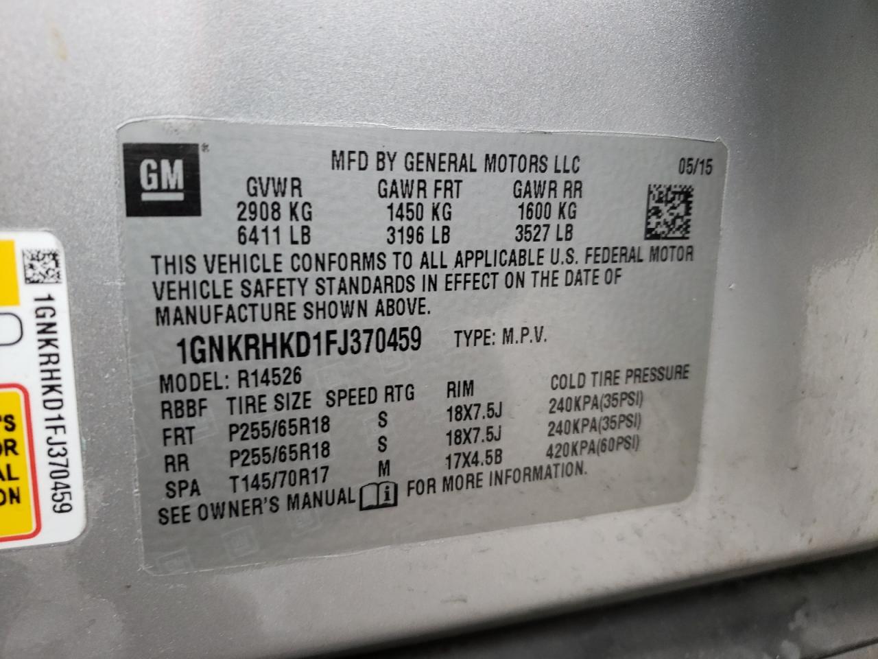 Photo 10 from auction – 2015 CHEVROLET TRAVERSE L with VIN 1GNKRHKD1FJ370459