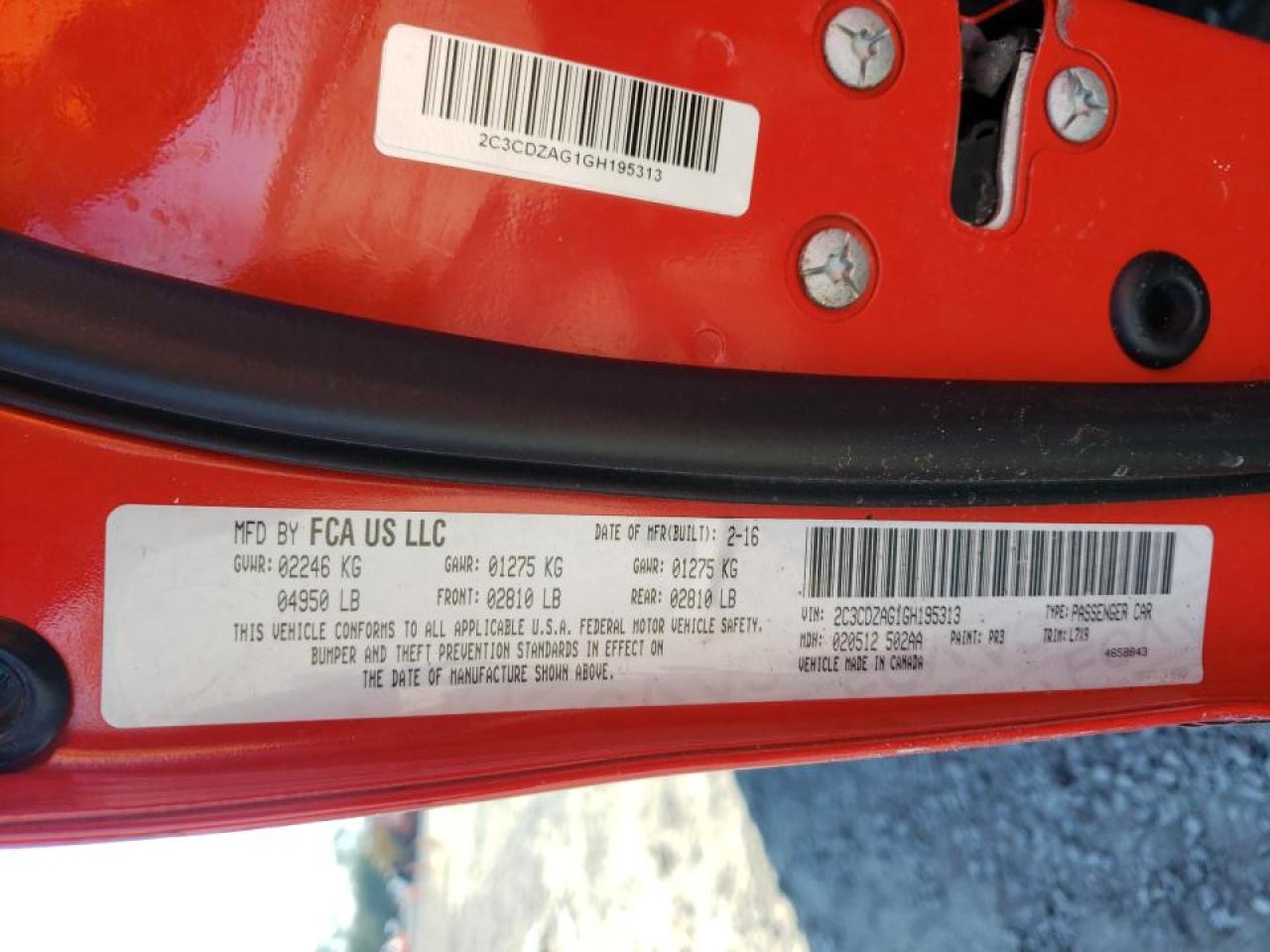 Photo 10 from auction – 2016 DODGE CHALLENGER with VIN 2C3CDZAG1GH195313