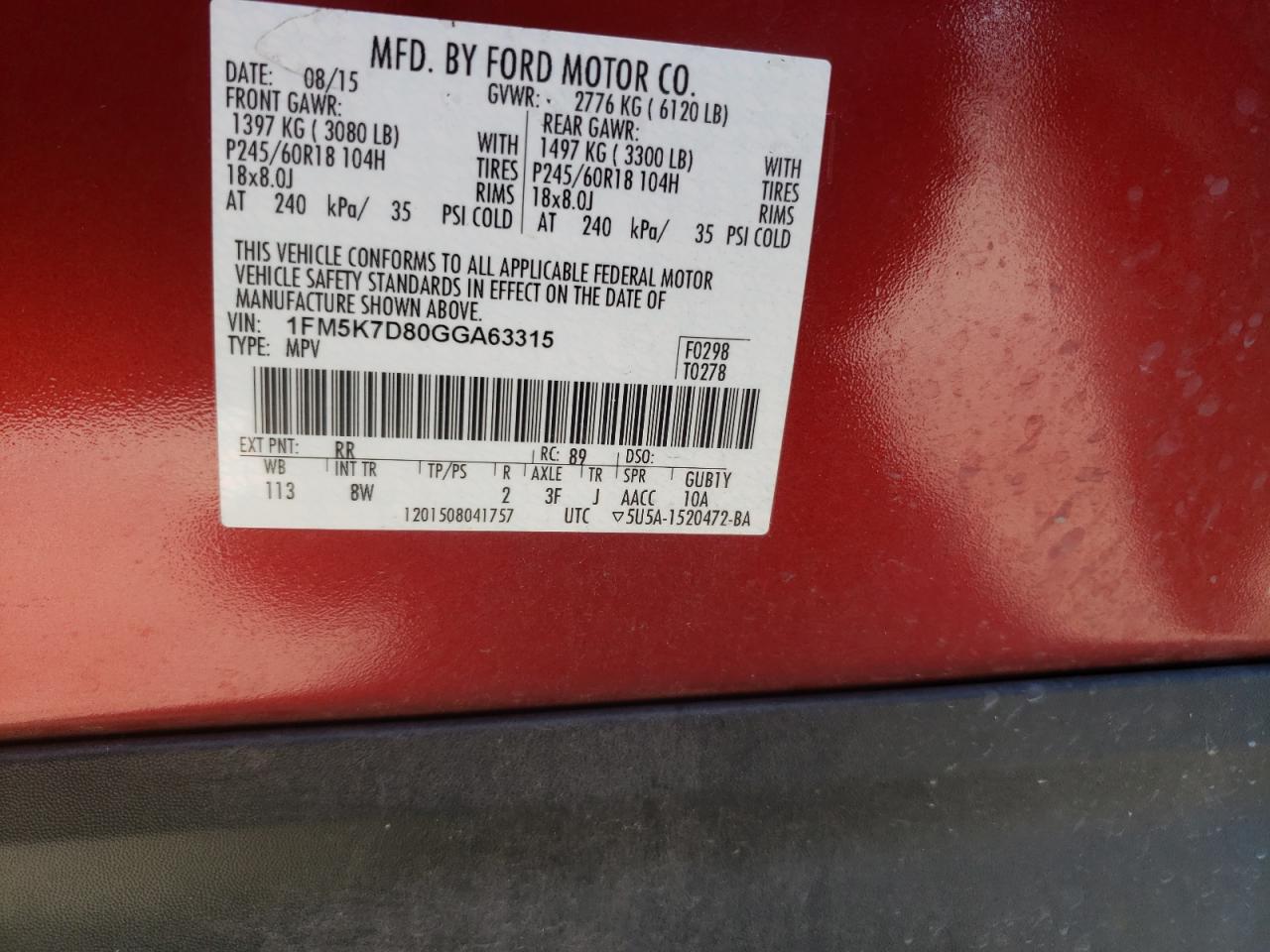 Photo 10 from auction – 2016 FORD EXPLORER X with VIN 1FM5K7D80GGA63315