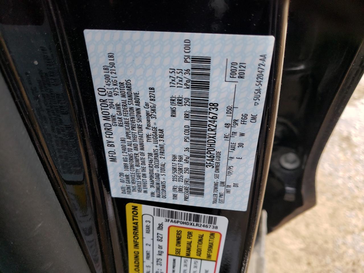 Photo 10 from auction – 2020 FORD FUSION SE with VIN 3FA6P0HDXLR246738