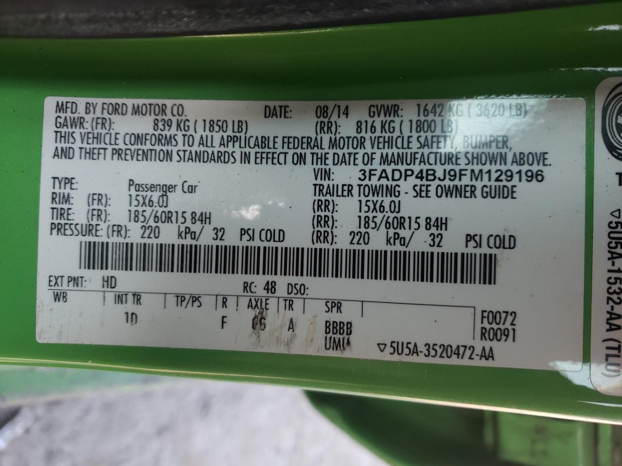 Photo 10 from auction – 2015 FORD FIESTA SE with VIN 3FADP4BJ9FM129196