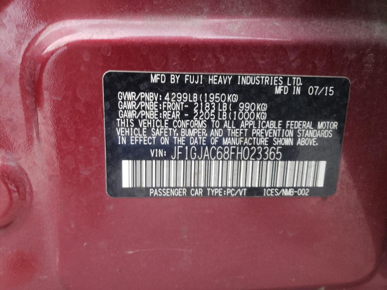 Photo 10 from auction – 2015 SUBARU IMPREZA PR with VIN JF1GJAC68FH023365