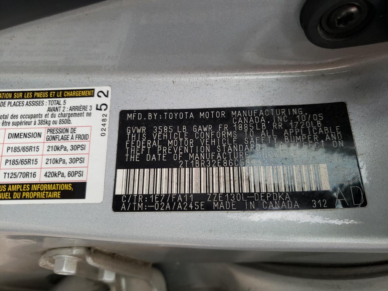 Photo 10 from auction – 2006 TOYOTA COROLLA CE with VIN 2T1BR32E86C584431