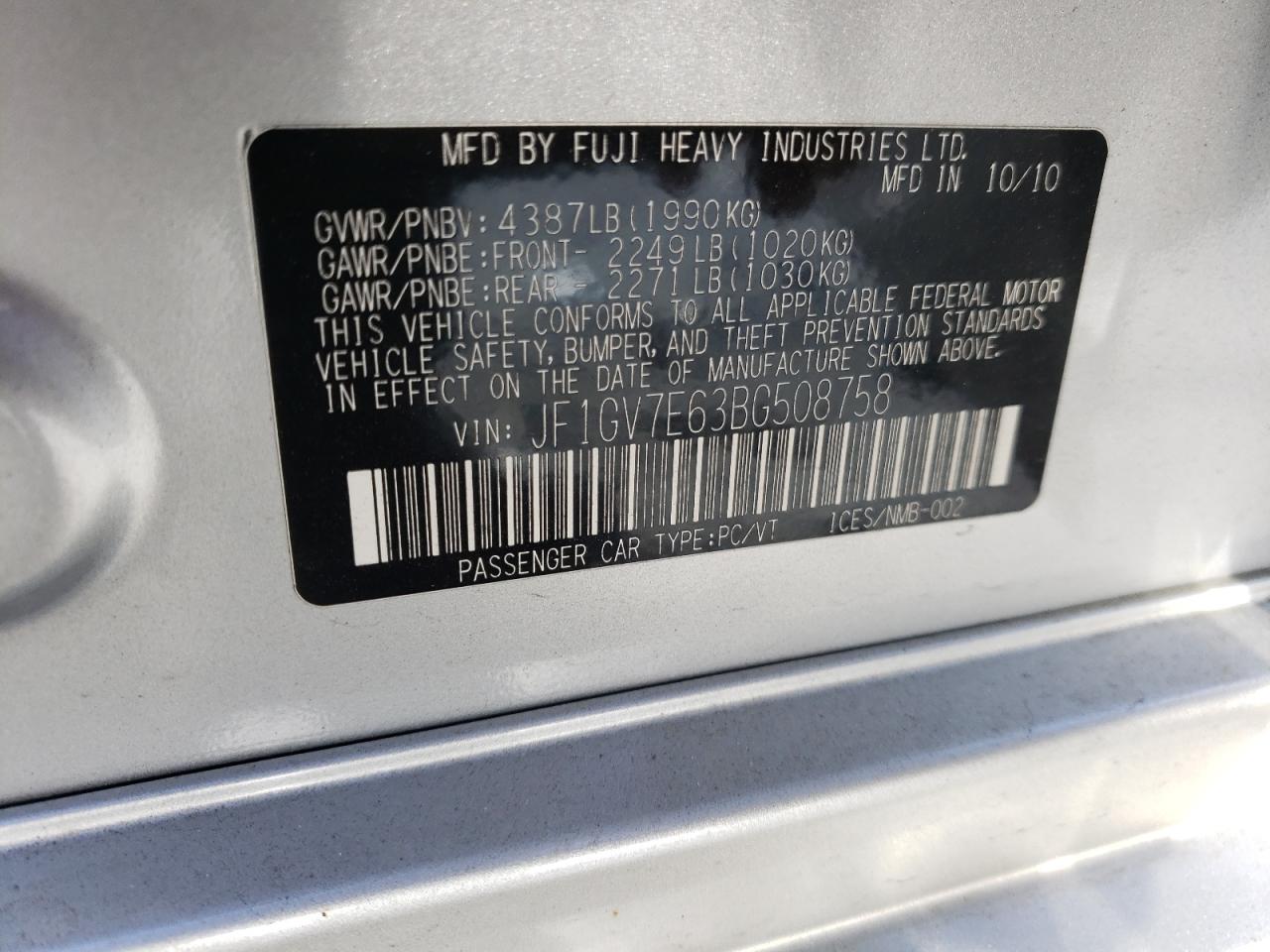 Photo 10 from auction – 2011 SUBARU IMPREZA WR with VIN JF1GV7E63BG508758