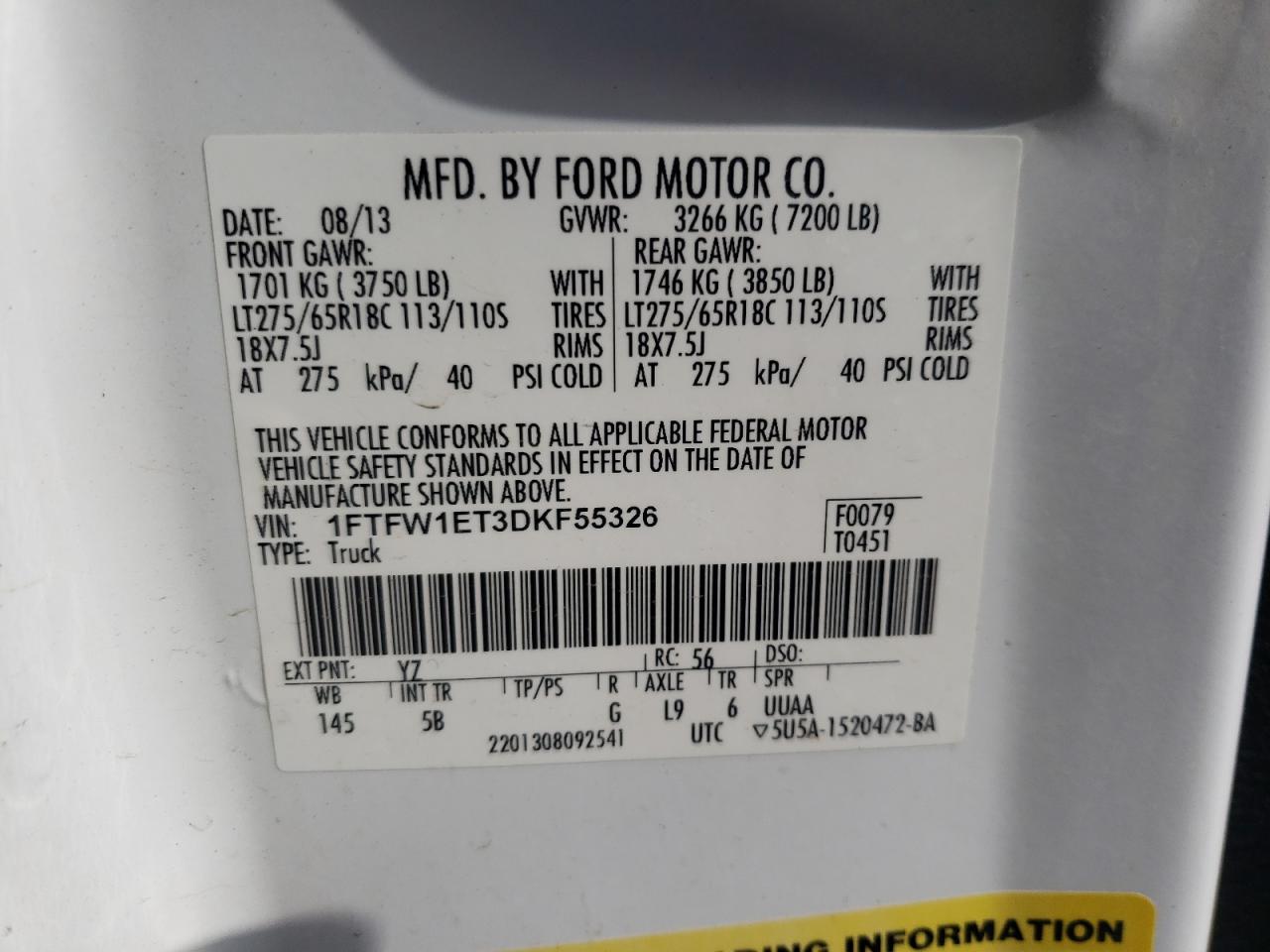 Photo 10 from auction – 2013 FORD F150 SUPER with VIN 1FTFW1ET3DKF55326