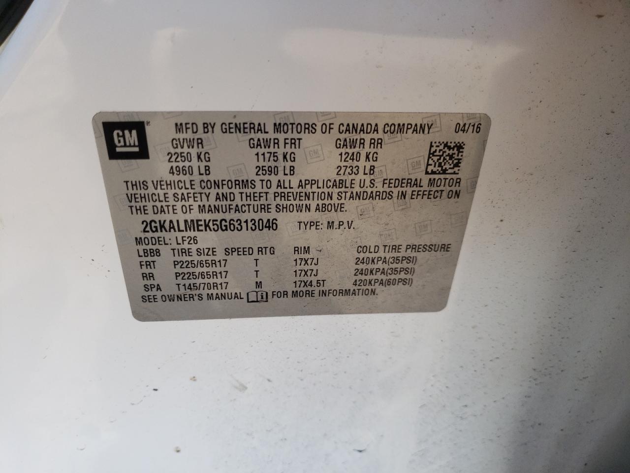 Photo 10 from auction – 2016 GMC TERRAIN SL with VIN 2GKALMEK5G6313046