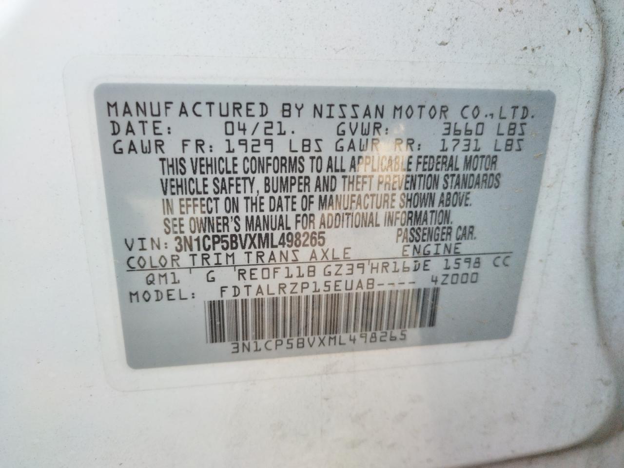 Photo 10 from auction – 2021 NISSAN KICKS S with VIN 3N1CP5BVXML498265