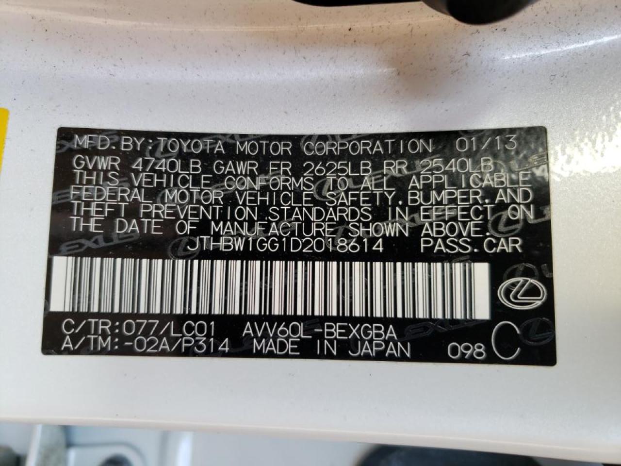 Photo 10 from auction – 2013 LEXUS ES 300H with VIN JTHBW1GG1D2018614