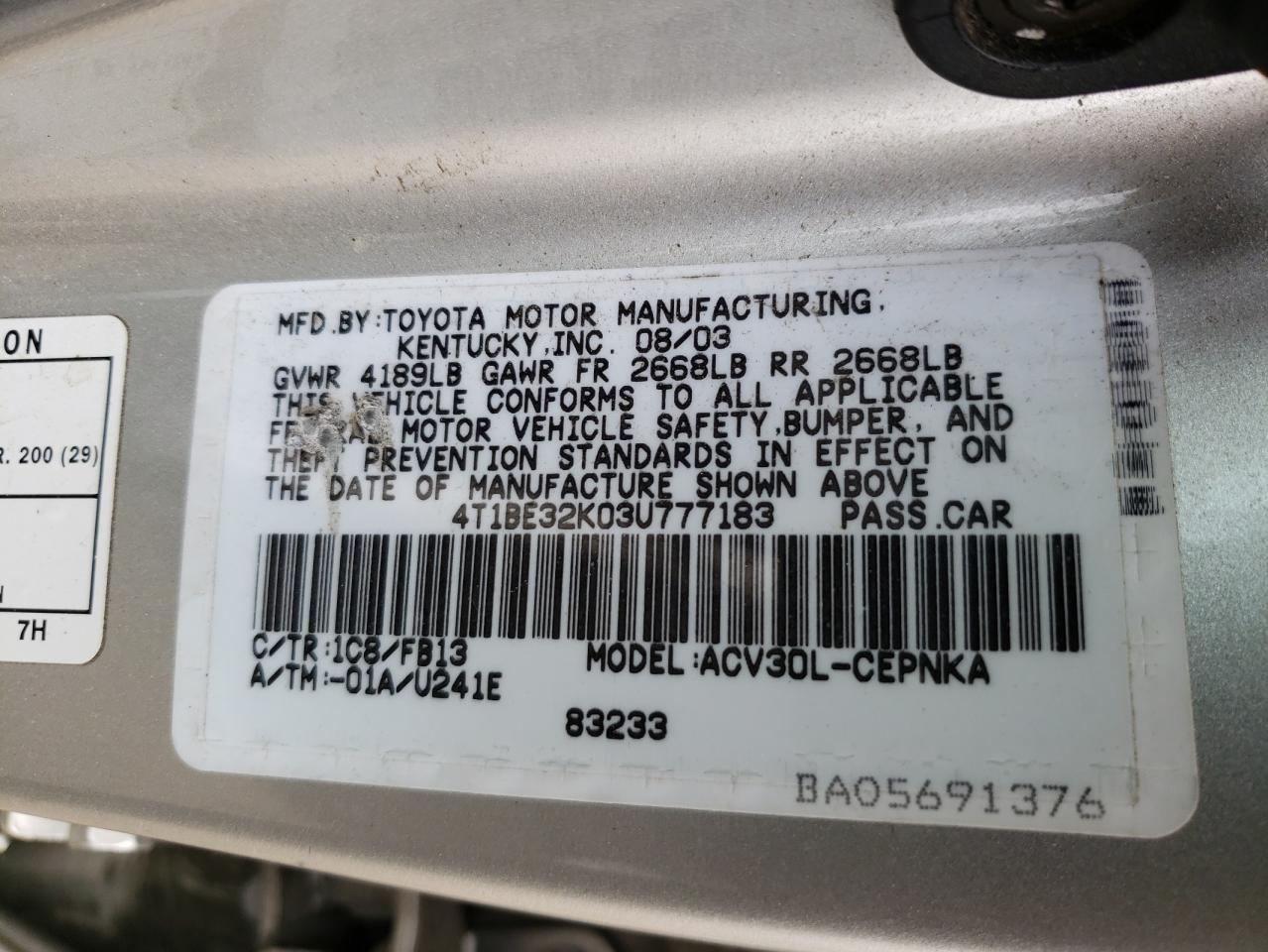 Photo 10 from auction – 2003 TOYOTA CAMRY LE with VIN 4T1BE32K03U777183