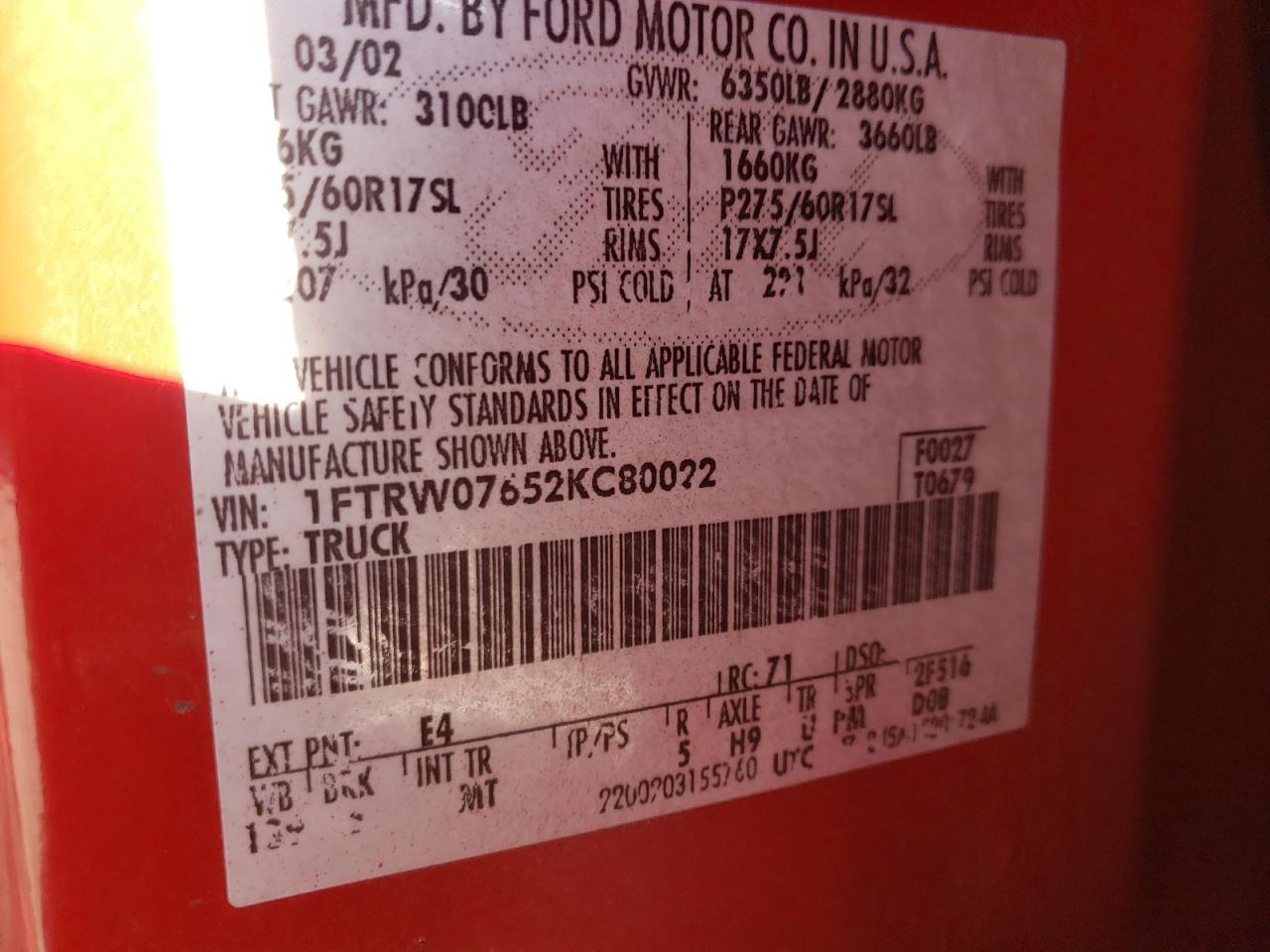 Photo 10 from auction – 2002 FORD F150 SUPER with VIN 1FTRW07652KC80022