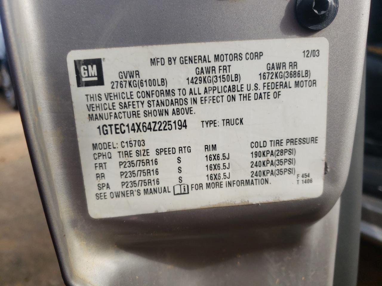 Photo 10 from auction – 2004 GMC NEW SIERRA with VIN 1GTEC14X64Z225194