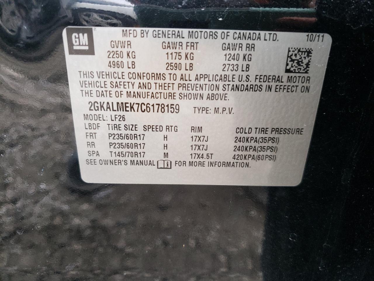Photo 10 from auction – 2012 GMC TERRAIN SL with VIN 2GKALMEK7C6178159