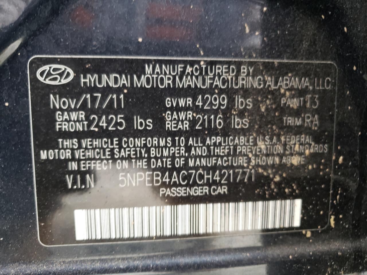 Photo 10 from auction – 2012 HYUNDAI SONATA GLS with VIN 5NPEB4AC7CH421771