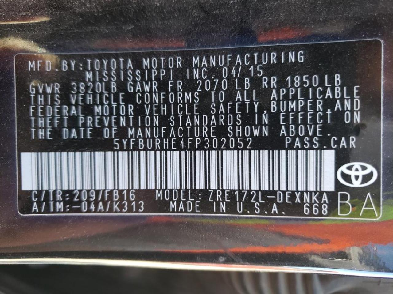 Photo 10 from auction – 2015 TOYOTA COROLLA L with VIN 5YFBURHE4FP302052