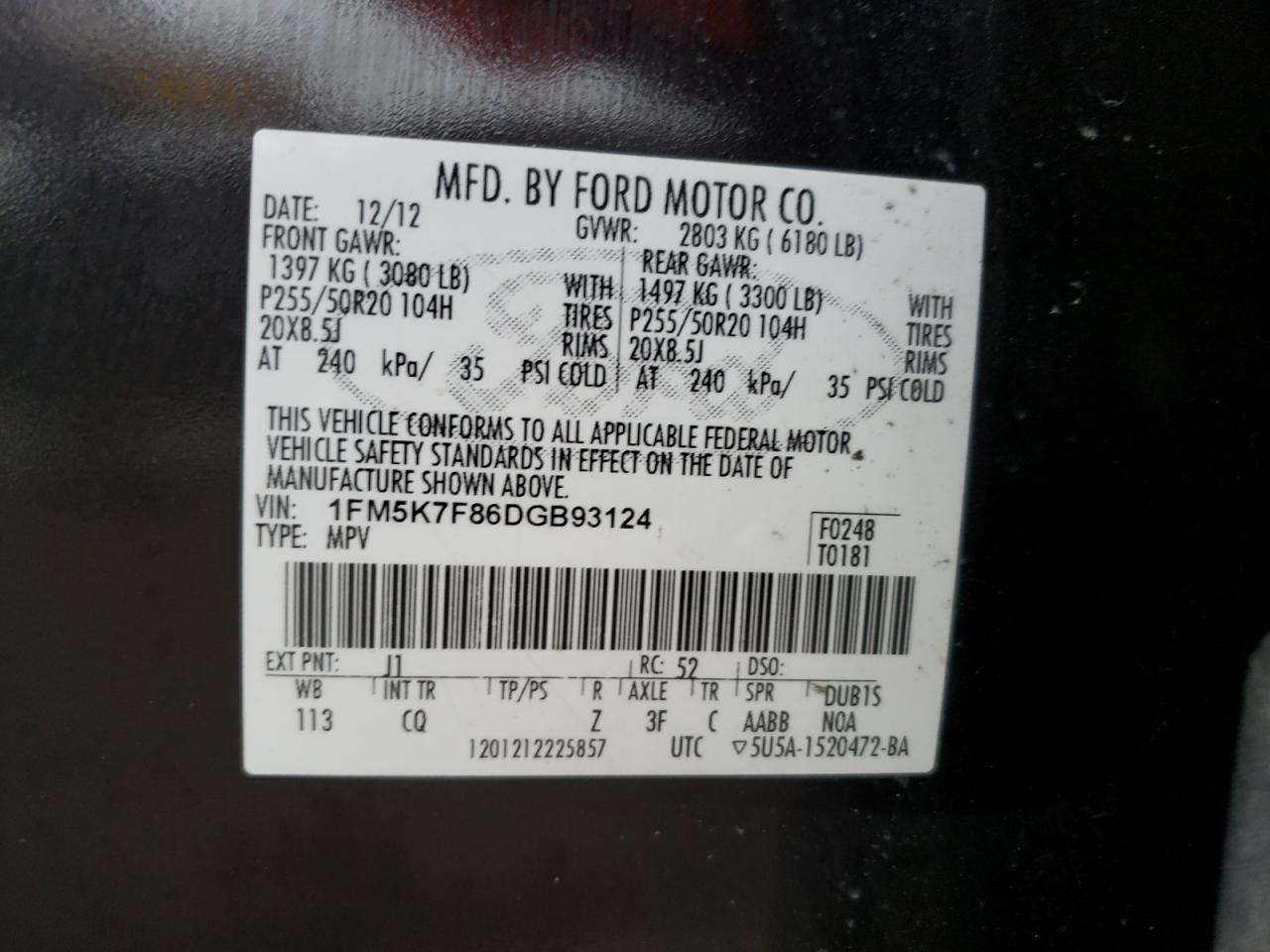 Photo 10 from auction – 2013 FORD EXPLORER L with VIN 1FM5K7F86DGB93124