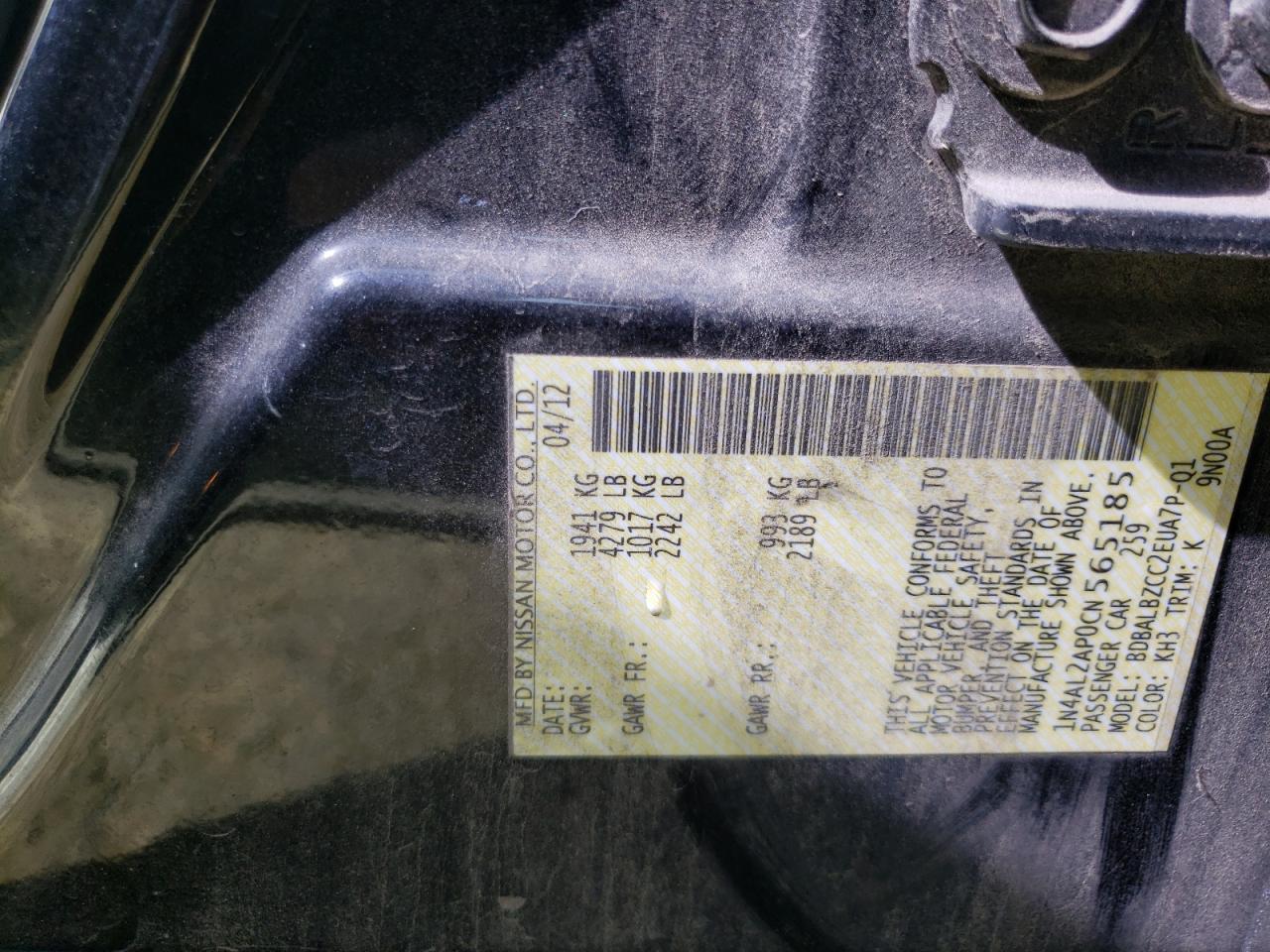 Photo 10 from auction – 2012 NISSAN ALTIMA BAS with VIN 1N4AL2AP0CN565185