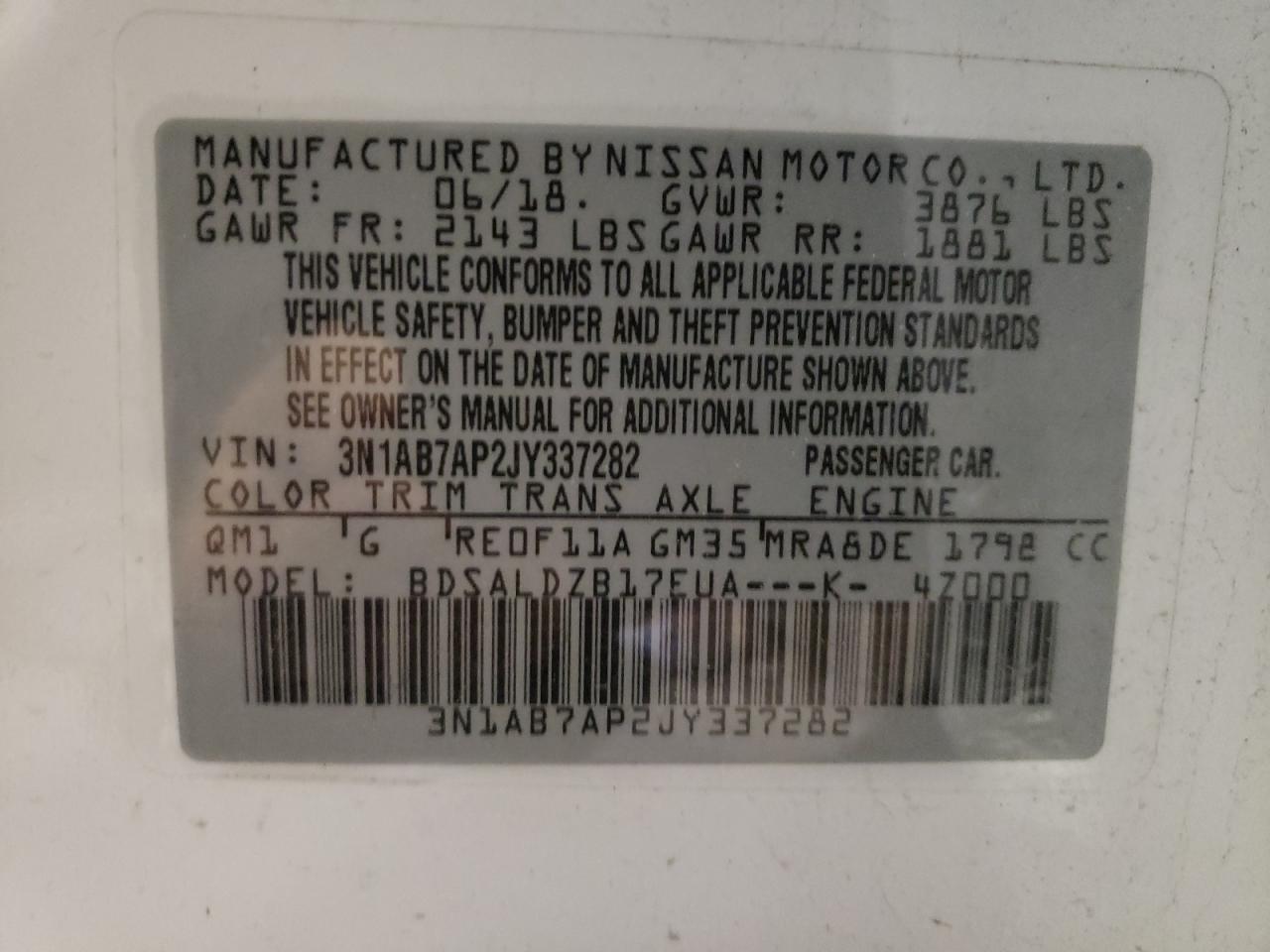 Photo 10 from auction – 2018 NISSAN SENTRA S with VIN 3N1AB7AP2JY337282