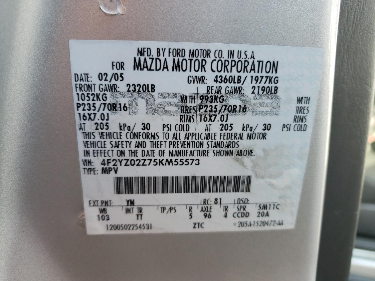 Photo 10 from auction – 2005 MAZDA TRIBUTE I with VIN 4F2YZ02Z75KM55573