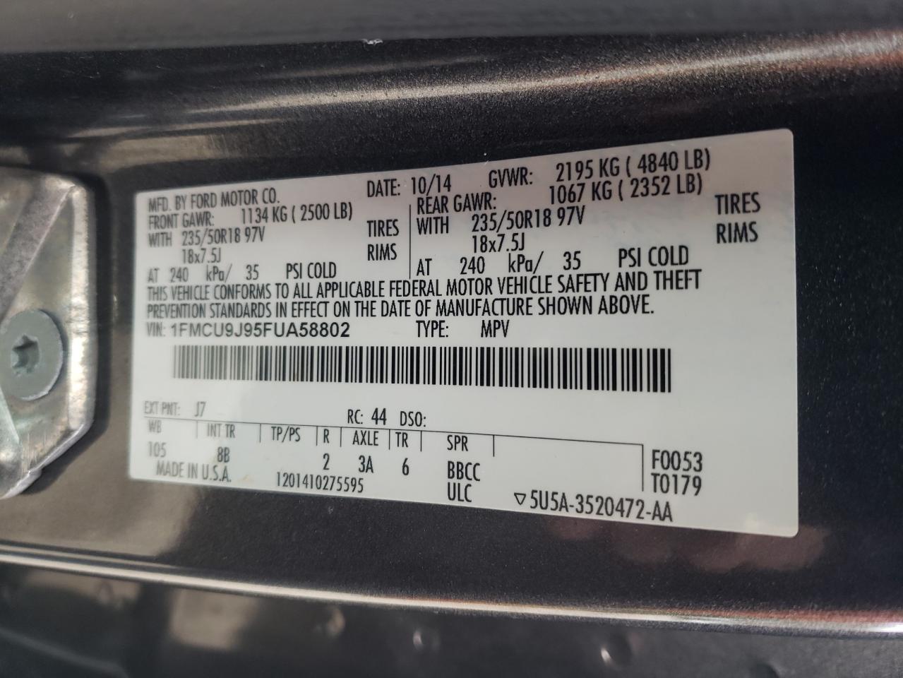 Photo 10 from auction – 2015 FORD ESCAPE TIT with VIN 1FMCU9J95FUA58802