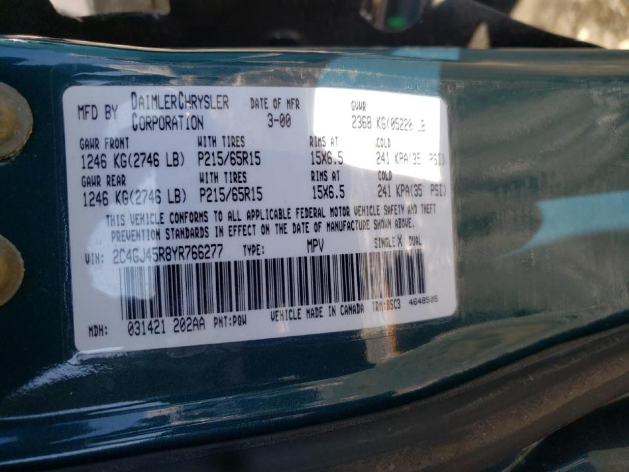 Photo 10 from auction – 2000 CHRYSLER VOYAGER SE with VIN 2C4GJ45R8YR766277