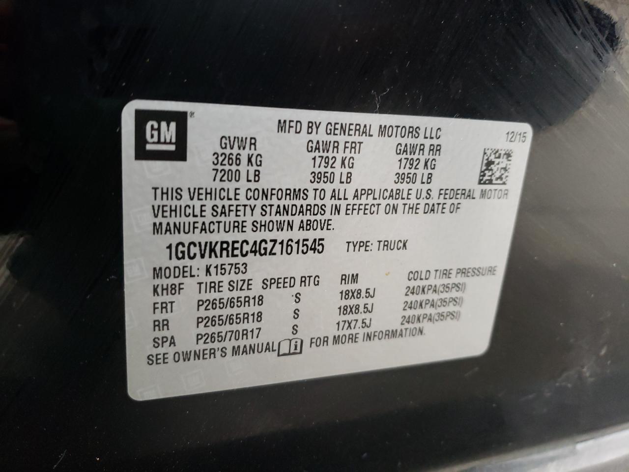 Photo 10 from auction – 2016 CHEVROLET SILVERADO with VIN 1GCVKREC4GZ161545
