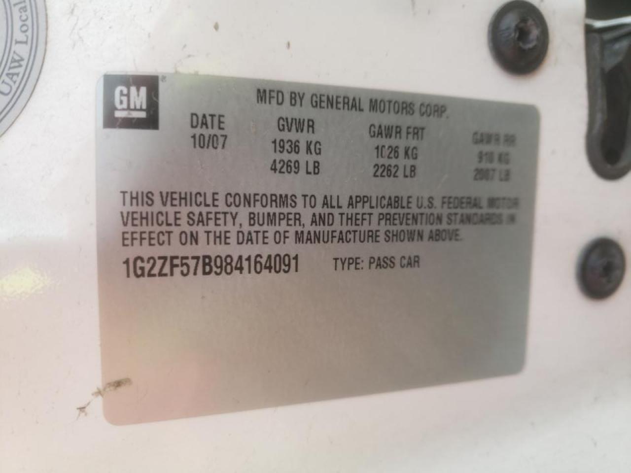 Photo 10 from auction – 2008 PONTIAC G6 VALUE L with VIN 1G2ZF57B984164091